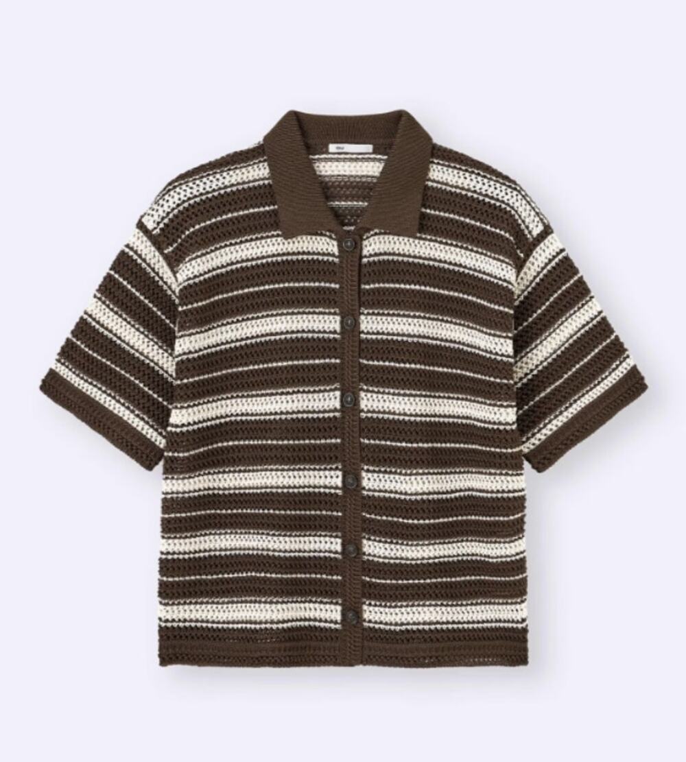 NWT GU Women's Large Lacy Stitch Striped Knitted Shirt Dark Brown Cream